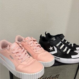 Lot of 2 Kids Shoes Size 3 Puma Pink Sneakers + Converse Black Sneakers